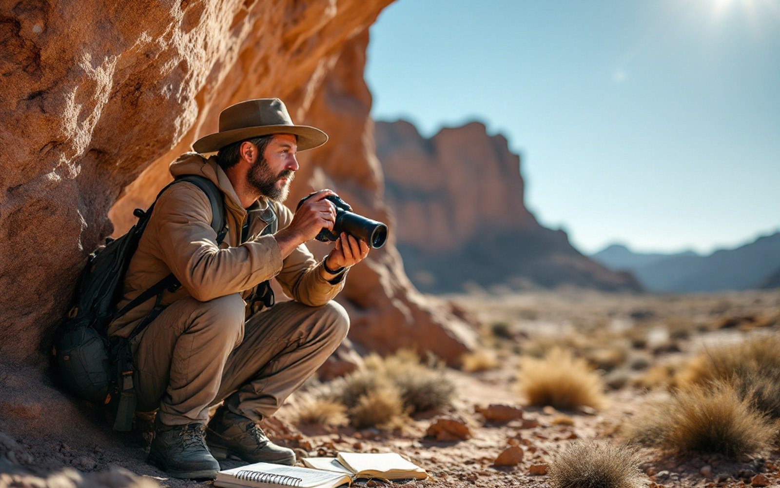 An adult geologist with a hand lens crouched at a rock outcrop, notebook on the ground