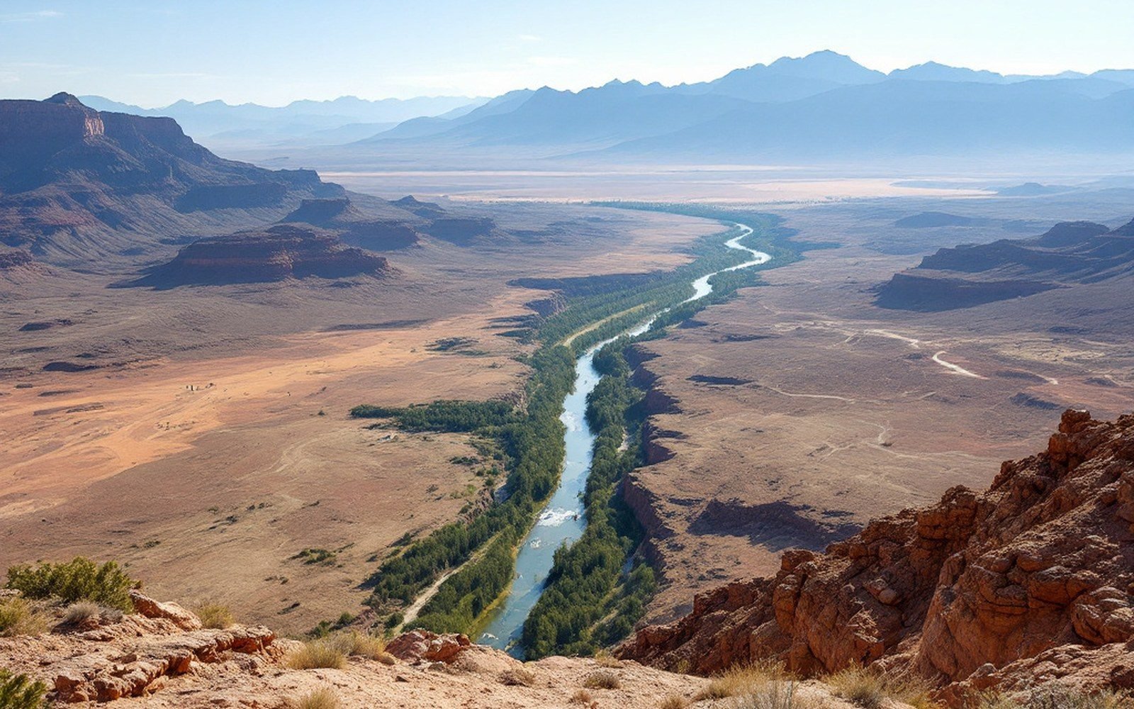 A winding river lined with green trees cuts through a desert canyon toward distant mountains