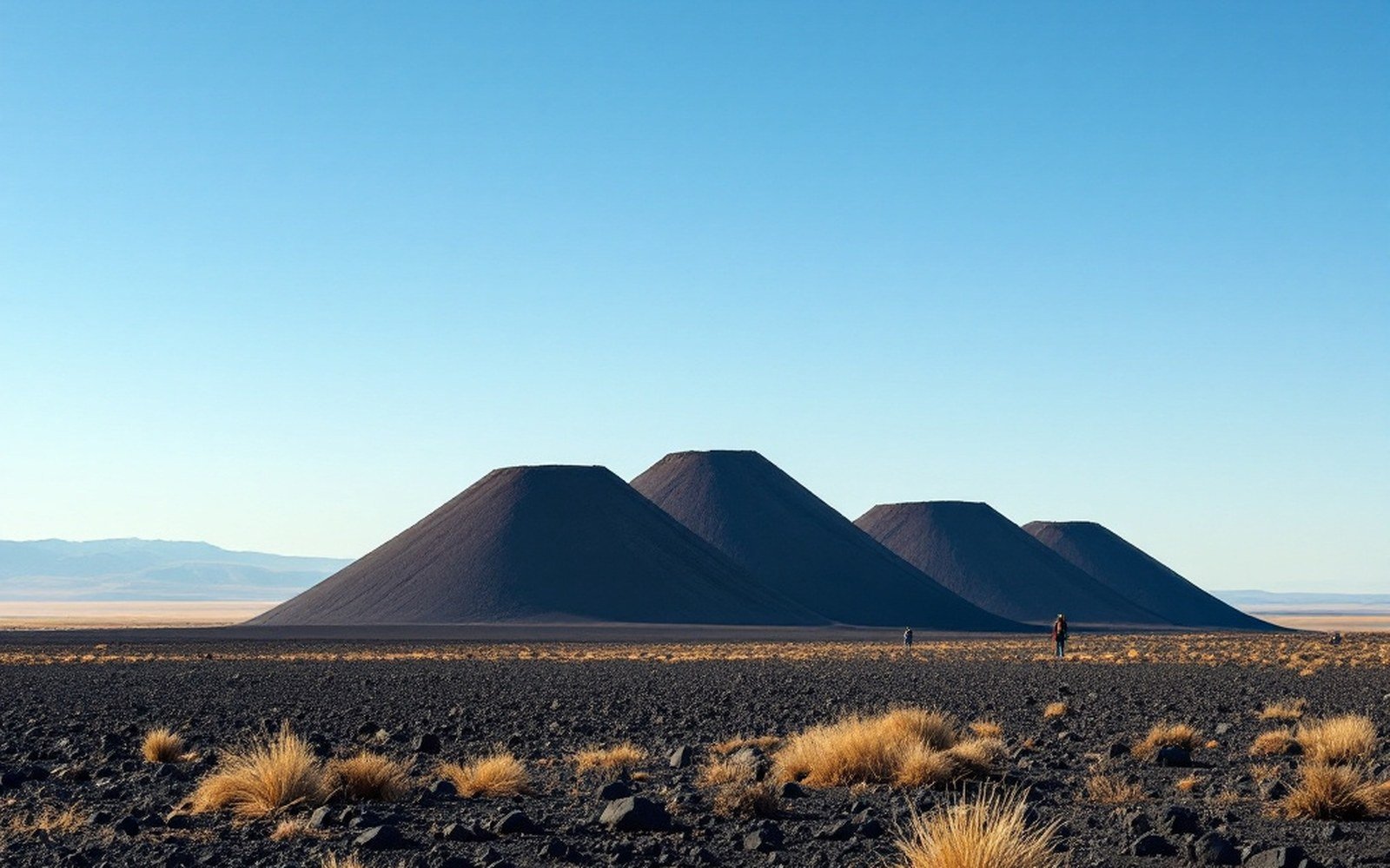 Four dark volcanic cinder cones rise from a flat desert plain under clear sky