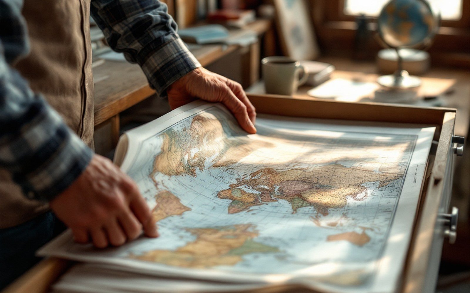 Hands unroll a large world map on a wooden desk near a globe