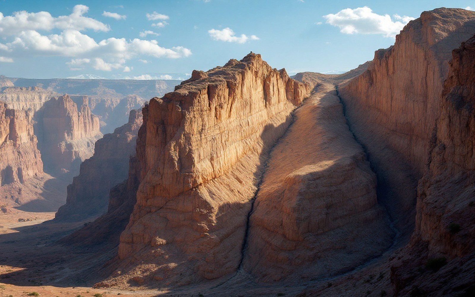 Steep eroded canyon walls with jagged rock ridges under a partly cloudy sky