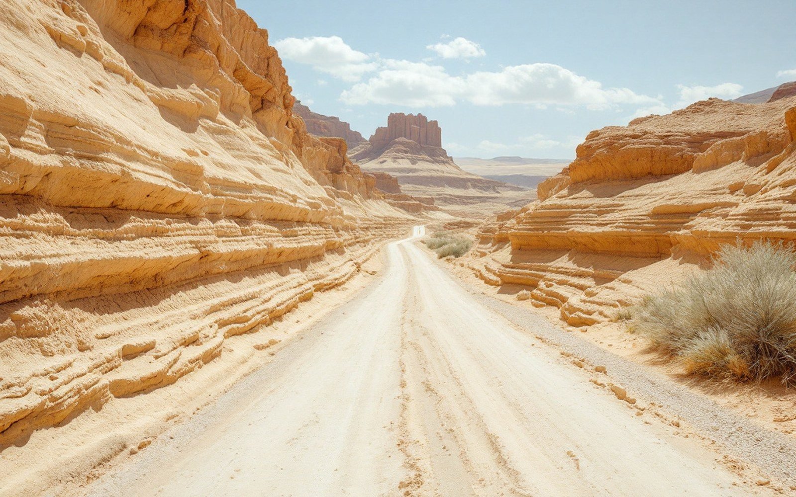 Dirt road winding through layered sandstone canyon walls toward a distant desert butte
