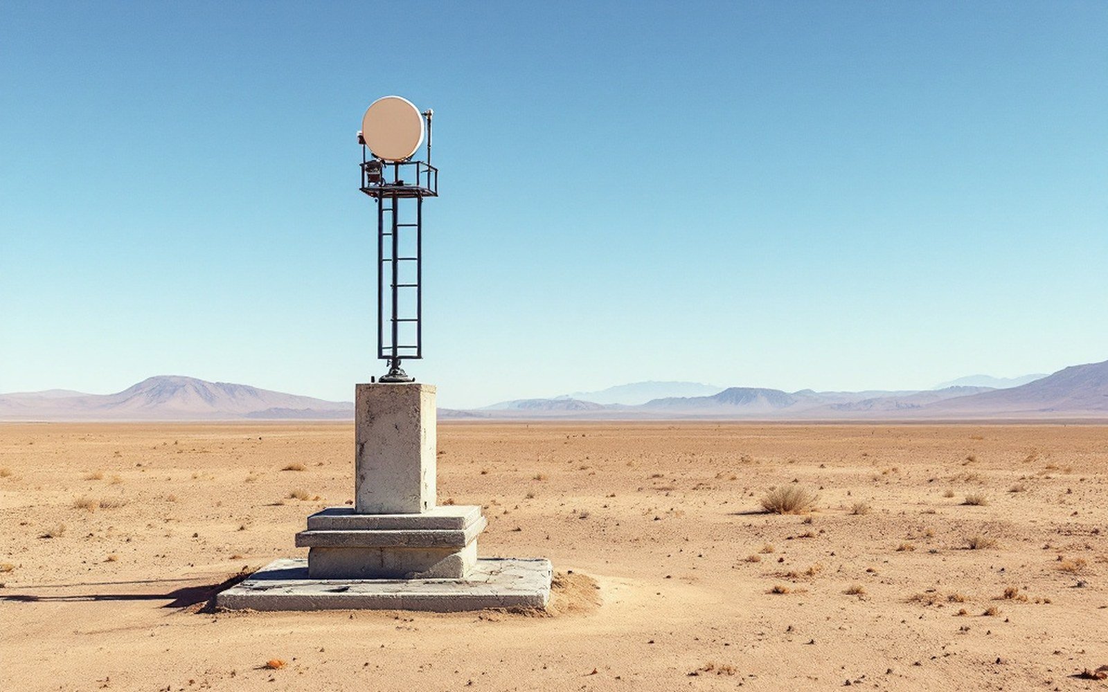 A satellite dish antenna on a ladder tower rises from a concrete pedestal in the desert