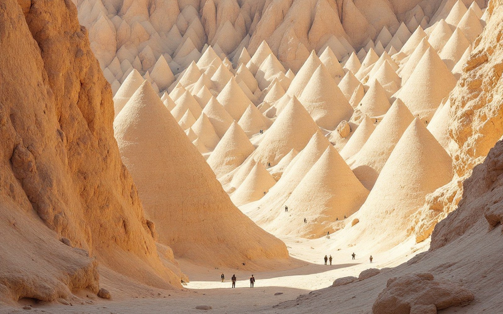 Cone-shaped tent rock formations rise steeply along a narrow canyon trail with hikers below