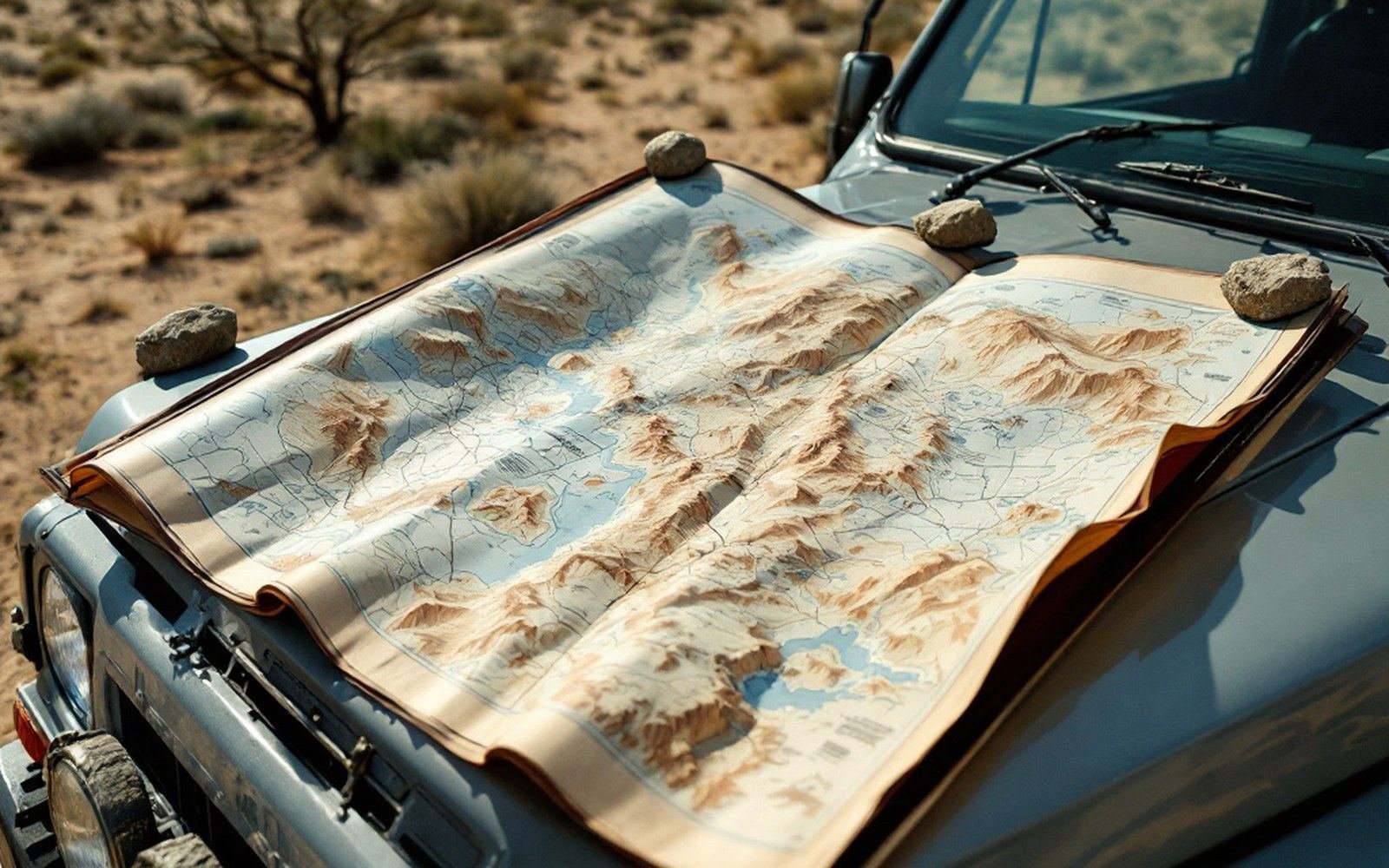 A relief map with mountainous terrain lies open on a vehicle hood, weighted by rocks