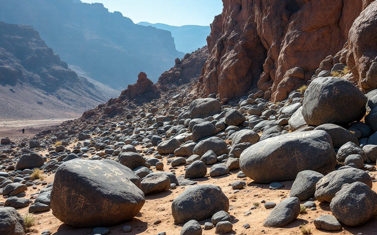 Boulders etched with ancient petroglyphs scattered across a rocky desert canyon floor