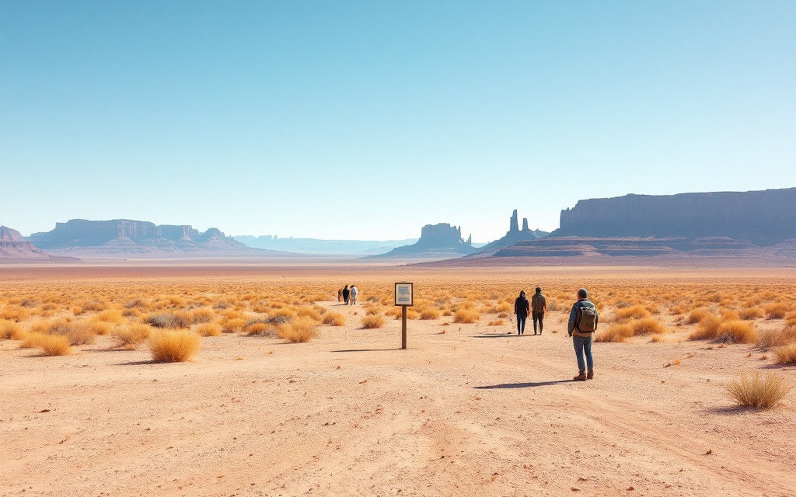 Hikers walk across a desert plain toward distant sandstone buttes and mesas