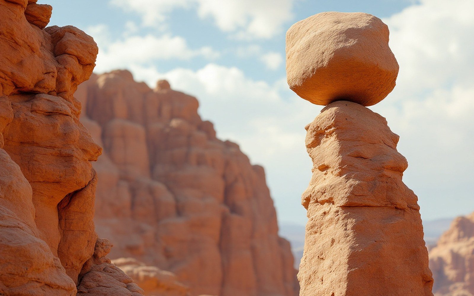 A boulder balances atop a slender sandstone hoodoo amid a desert canyon
