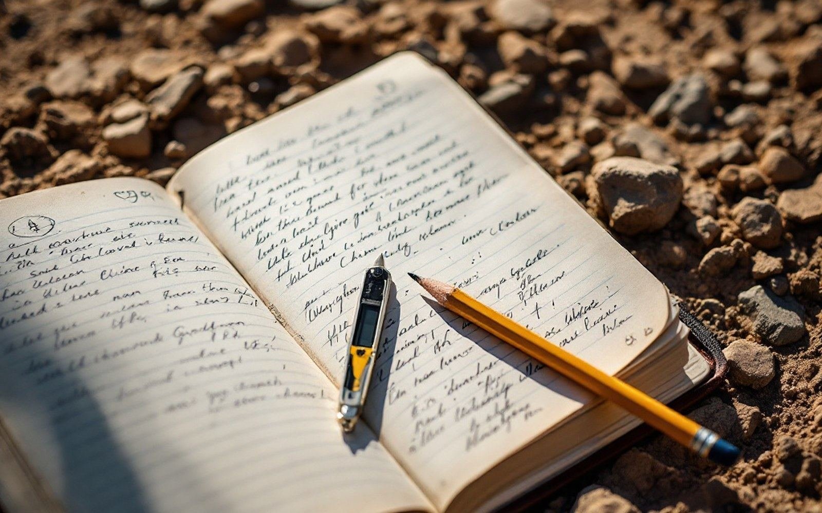 An open handwritten notebook with a pencil and small tool resting on rocky ground