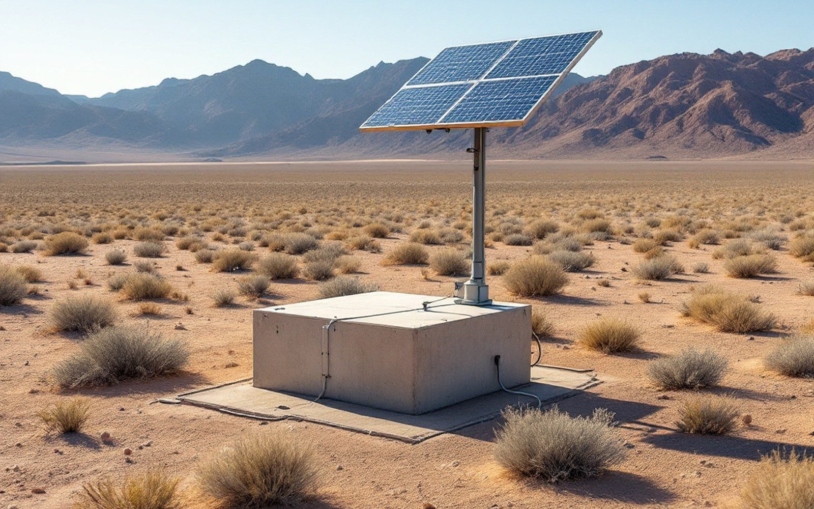 Solar-powered equipment vault on a pole mount in a desert basin near mountains