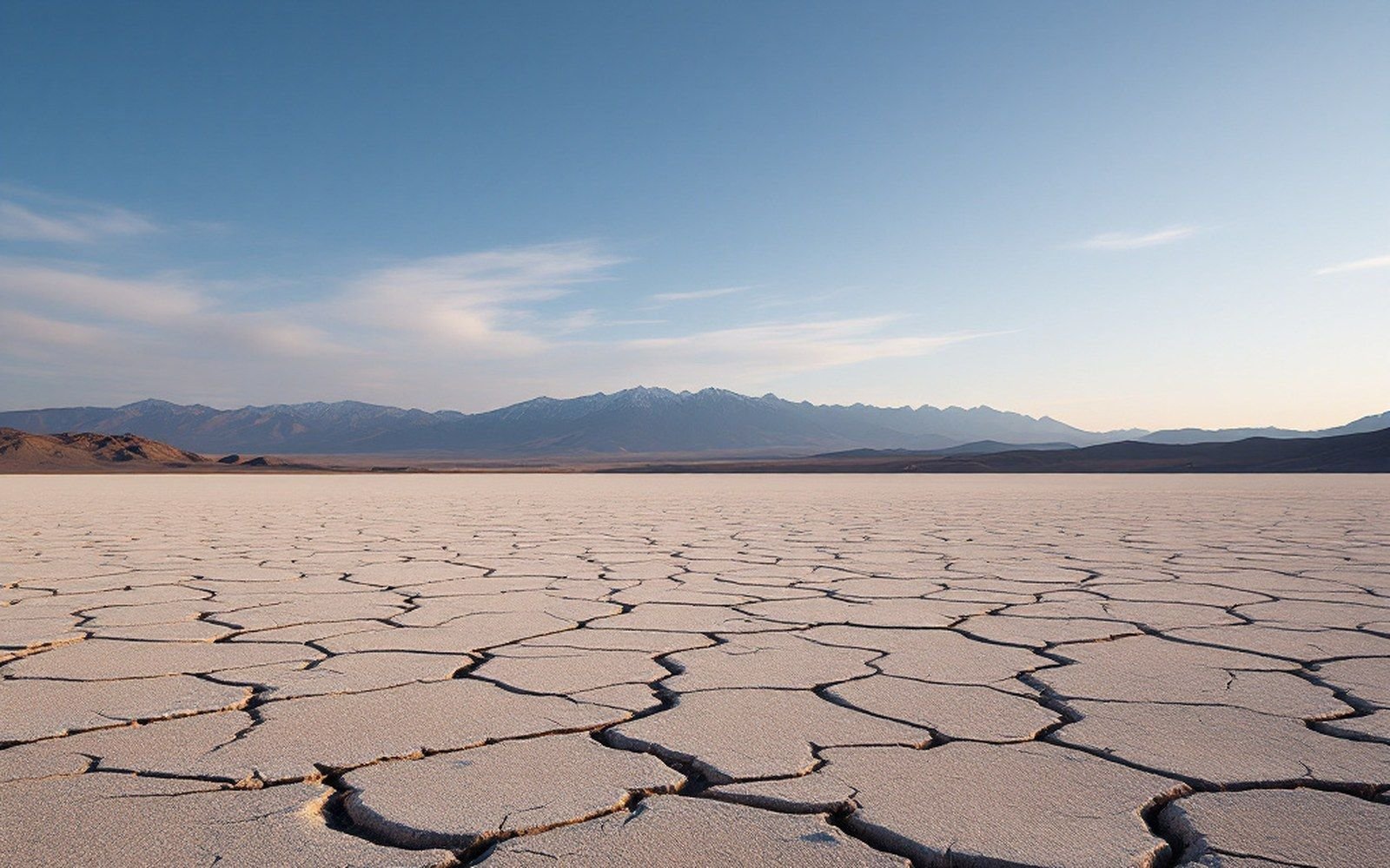 Cracked salt flat stretches toward distant mountain ranges under a pale sky