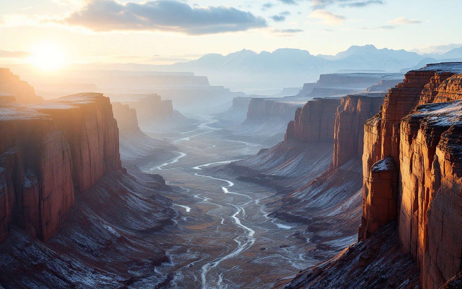 A long basalt escarpment running across the frame with the wide valley floor below it, low winter sun